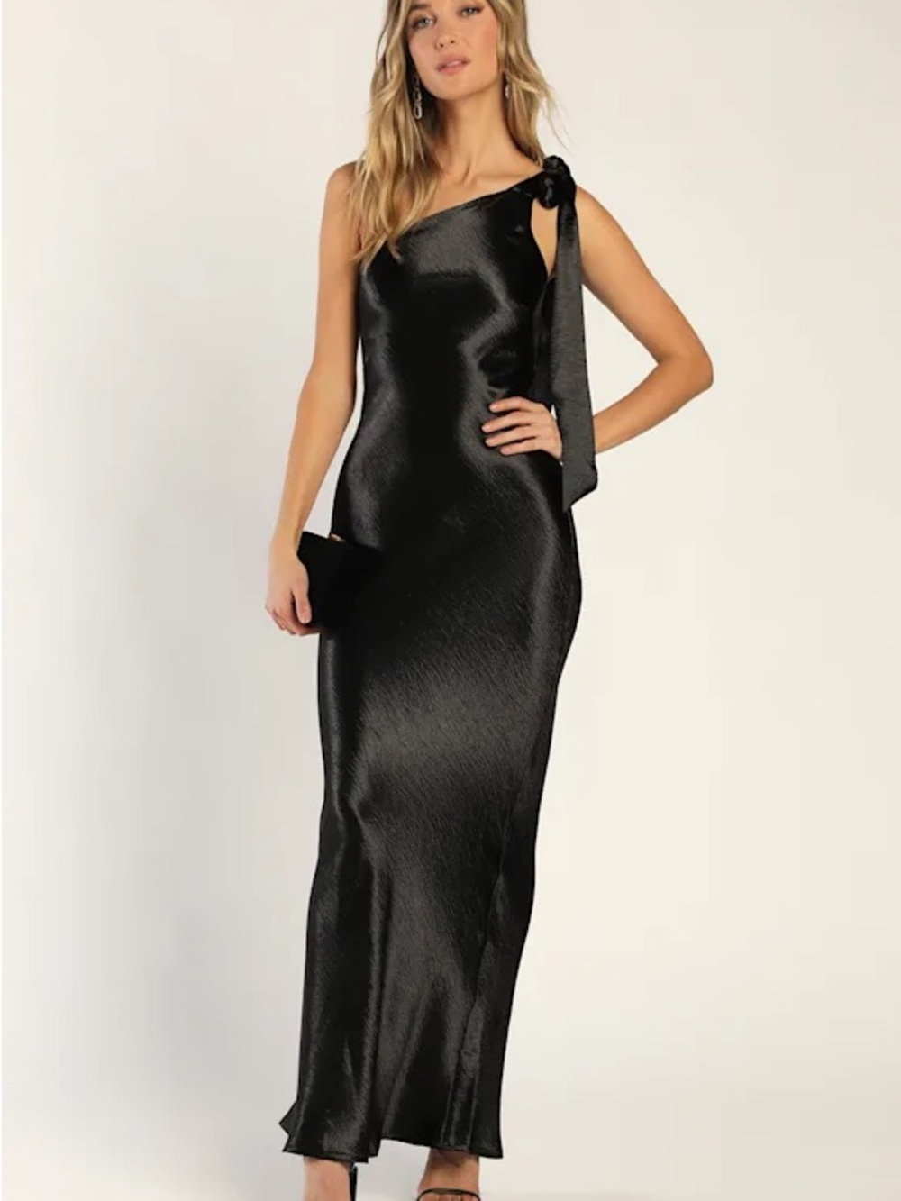 Lulus Lavish Looks Black Satin One-Shoulder Tie-Strap Maxi Dress